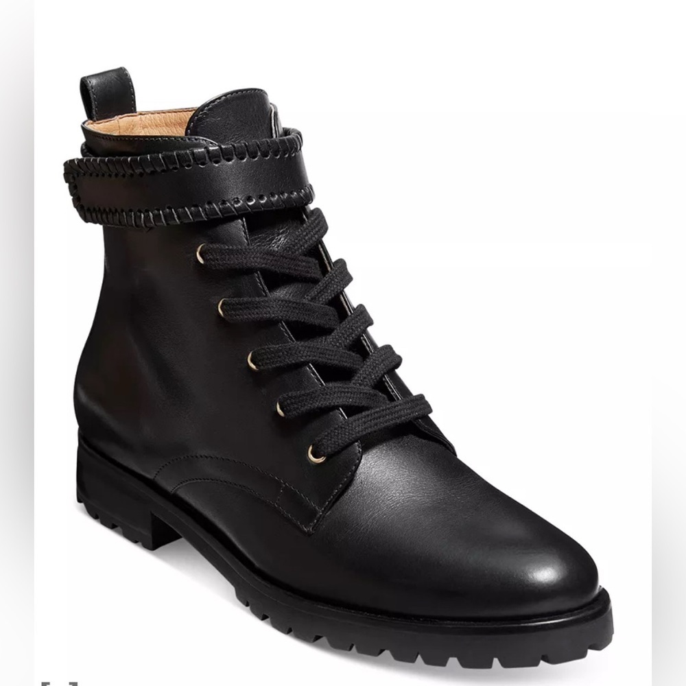 New JACK ROGERS Black Whipstitch Peyton Lace-Up Leather Combat Boots Size 8.5